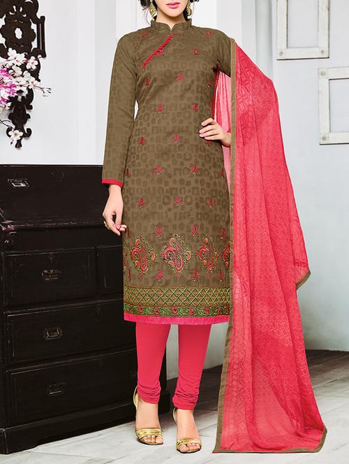 brown cotton blend unstitched suit - 13124013 - Very Small Image - 1