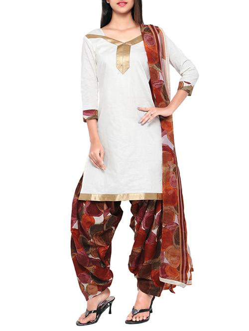 cream cotton blend patiyala suits unstitched suit - 13124018 - Very Small Image - 1