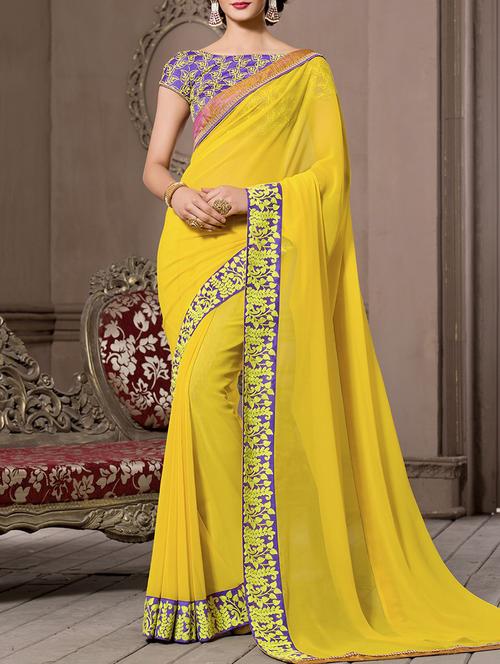 yellow georgette bordered saree with blouse - 13124796 - Very Small Image - 1