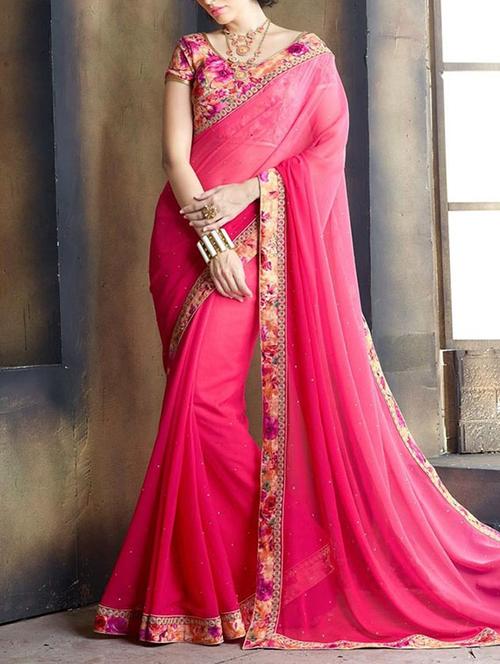 pink georgette bordered saree with blouse - 13124800 - Very Small Image - 1