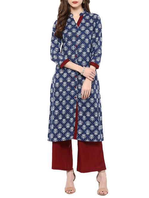 indigo cotton straight kurta - 13128560 - Very Small Image - 1