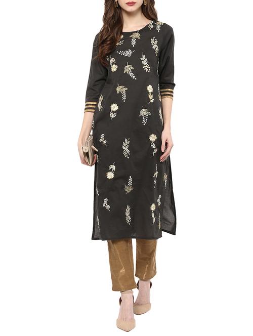 black cotton straight kurta - 13128561 - Very Small Image - 1