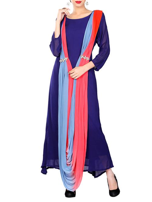 blue georgette asymmetric kurta - 13129186 - Very Small Image - 1