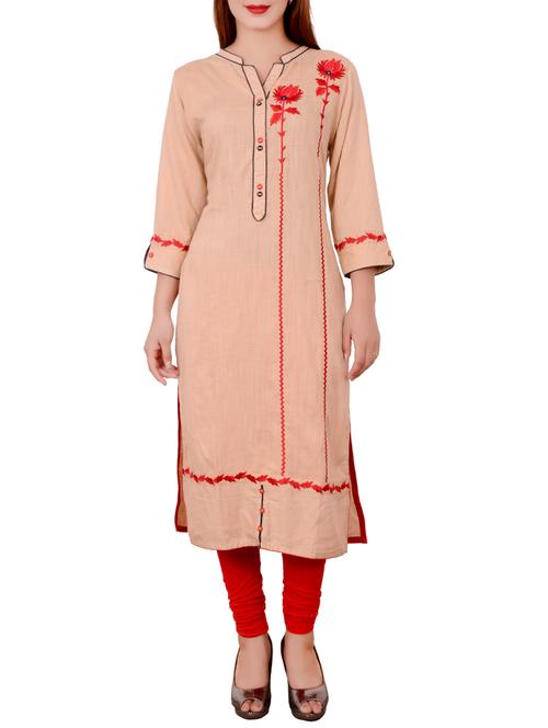 beige cotton embroidered straight kurta - 13131730 - Very Small Image - 1