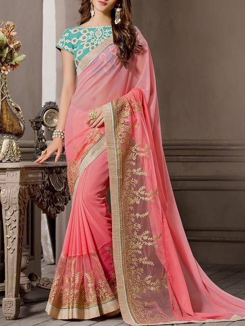 pink georgette embroidered saree with blouse - 13131784 - Very Small Image - 1