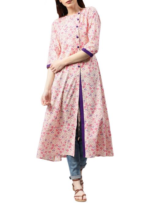 pink cotton printed  high slit kurta - 13132329 - Very Small Image - 1