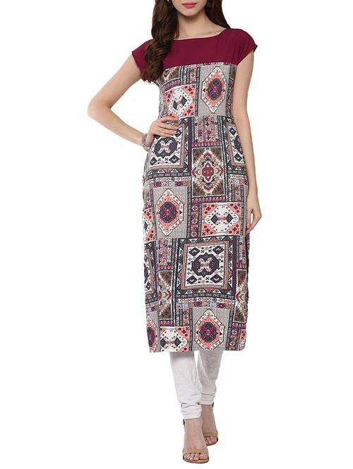 magenta poly crepe printed straight kurta - 13132872 - Very Small Image - 1