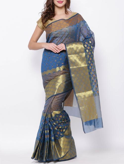 blue cotton saree with blouse - 13134856 - Very Small Image - 1