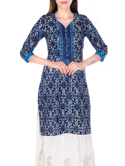 indigo floral printed cotton straight kurta - 13135293 - Very Small Image - 1