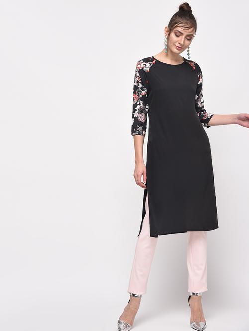 black crepe straight kurta - 13141198 - Very Small Image - 1