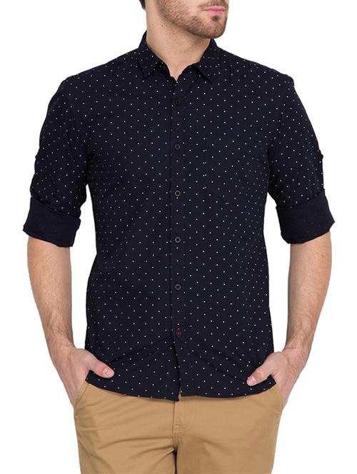 navy blue cotton polka dots casual shirt - 13144056 - Very Small Image - 1