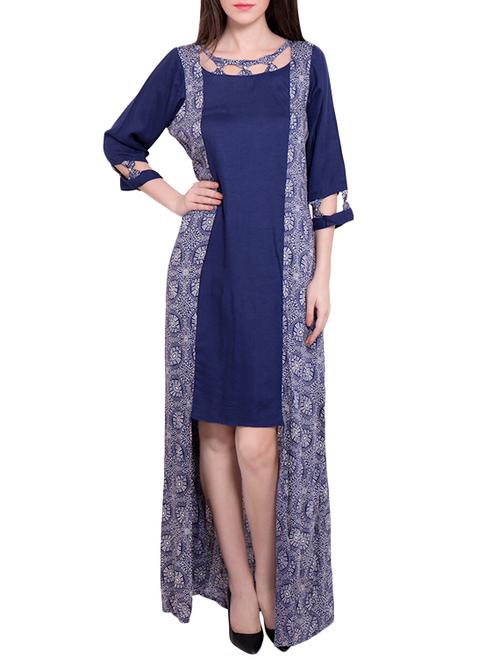 Blue Printed Rayon Dress - 13144571 - Very Small Image - 1