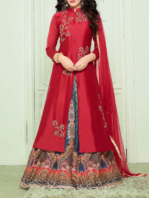 red silk lehenga - 13145020 - Very Small Image - 1