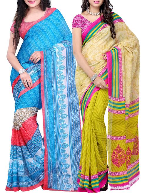 multi colored georgette printed combos saree with blouse - 13145142 - Very Small Image - 1