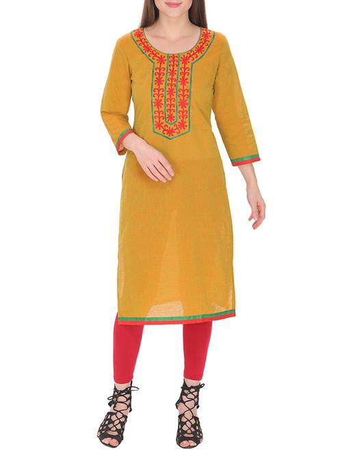 mustard cotton embroidered straight kurta - 13146527 - Very Small Image - 1