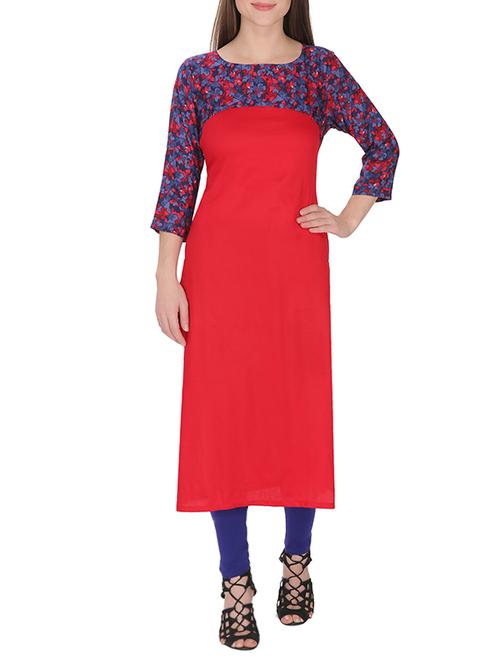 red cotton printed straight kurta - 13146536 - Very Small Image - 1