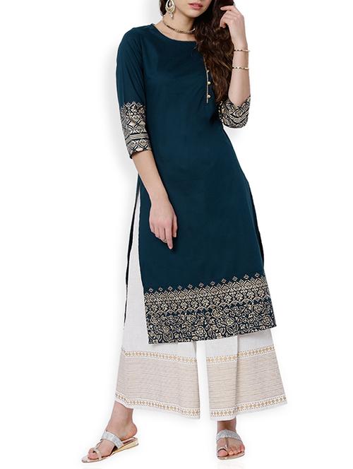 green cotton printed straight kurta - 13151722 - Very Small Image - 1