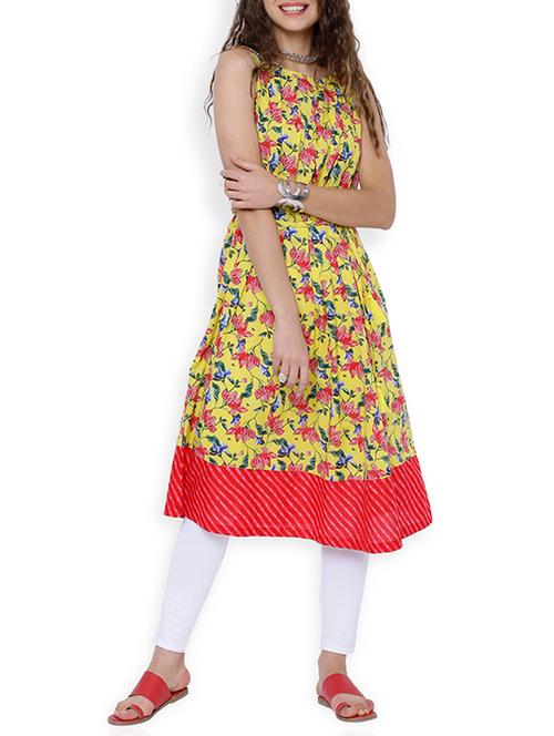 yellow cotton printed a-line kurta - 13151727 - Very Small Image - 1