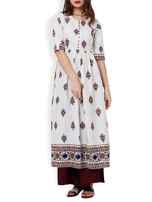 white cotton printed a-line kurta - 13151730 - Very Small Image - 1