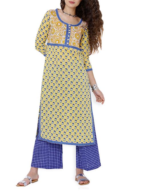yellow cotton printed straight kurta - 13151754 - Very Small Image - 1