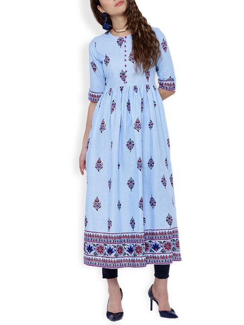 blue cotton printed long kurta - 13151760 - Very Small Image - 1