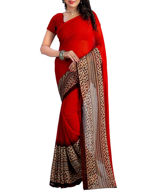 red georgette printed saree with blouse - 13151803 - Very Small Image - 1