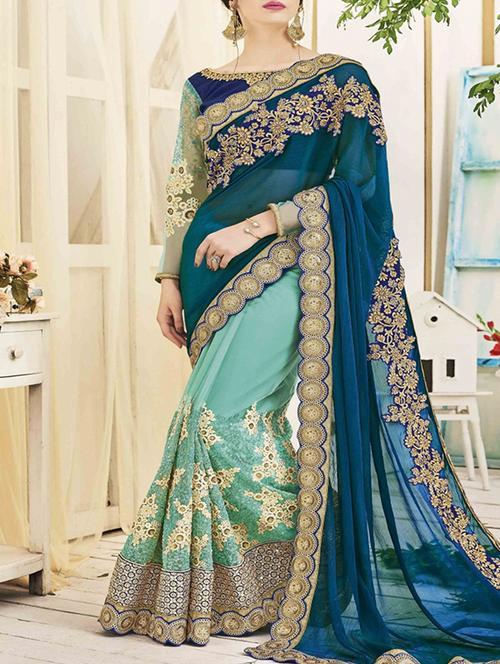green silk blend embroidered half and half saree - 13158275 - Very Small Image - 1