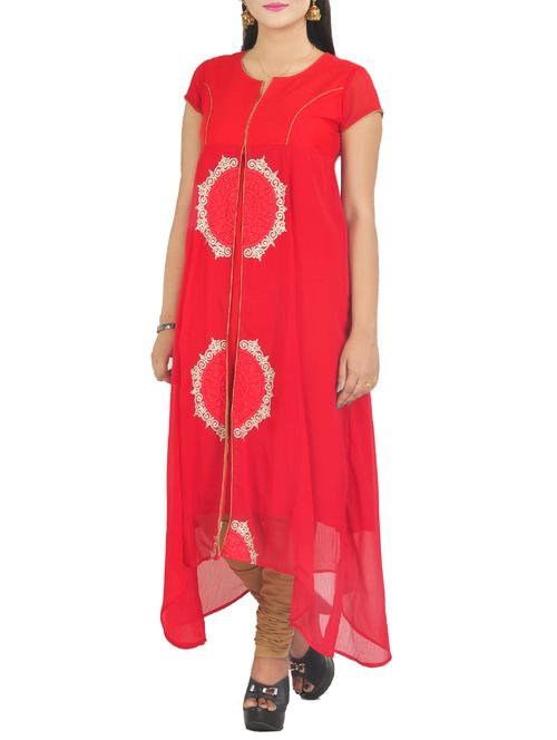 red cotton embroidered asymmetric kurta - 13159529 - Very Small Image - 1