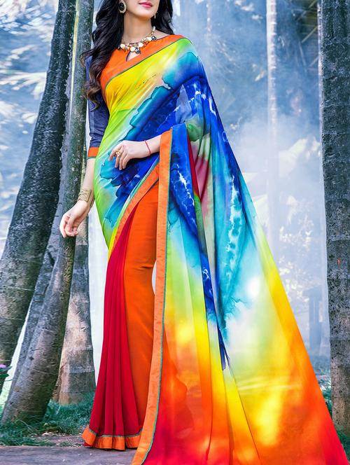 orange georgette printed saree with blouse - 13160428 - Very Small Image - 1