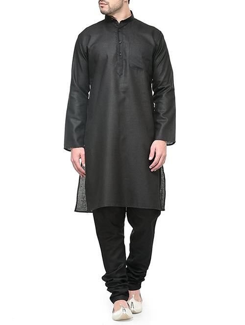 solid black cotton kurta pyjama set - 13160458 - Very Small Image - 1