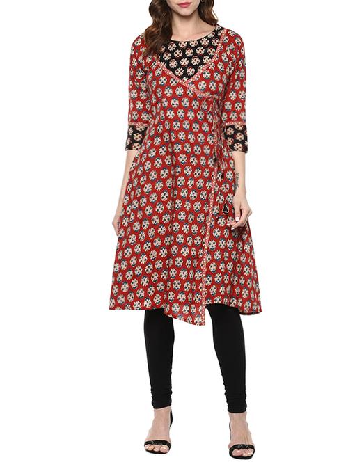 red cotton block printed angrakha kurta - 13160541 - Very Small Image - 1
