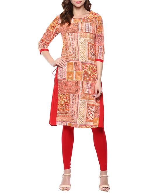 red and orange cotton block printed a-line kurta - 13160544 - Very Small Image - 1