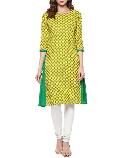 yellow cotton block printed a-line kurta - 13160545 - Very Small Image - 1