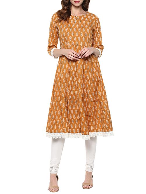 Orange Cotton Block Printed A-line Kurta - 13160546 - Very Small Image - 1