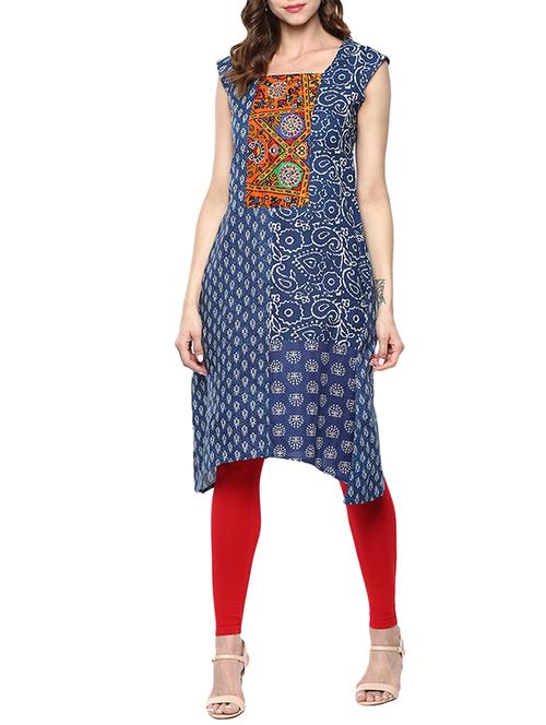 blue cotton block printed asymmetric kurta - 13160551 - Very Small Image - 1