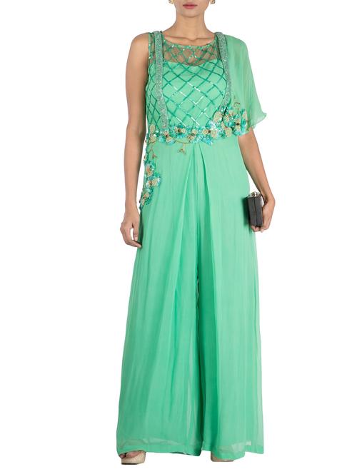 aqua green one side cape dungaree style jumpsuit - 13160730 - Very Small Image - 1