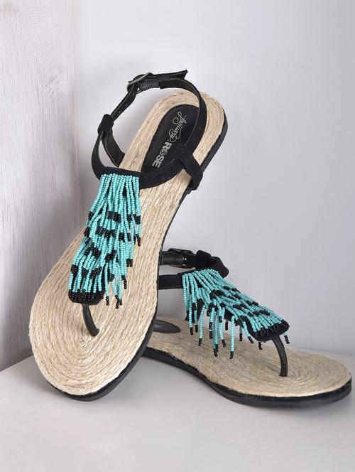 Black and turquoise beaded T-strap sandals - 1317041 - Very Small Image - 1
