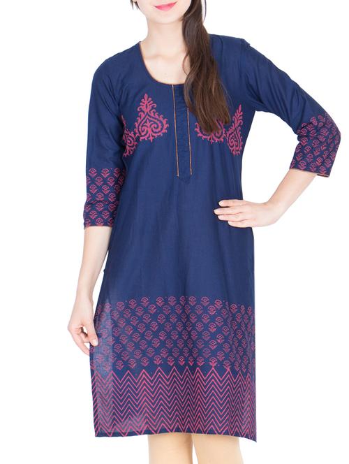blue cotton block printed straight kurta - 13178573 - Very Small Image - 1