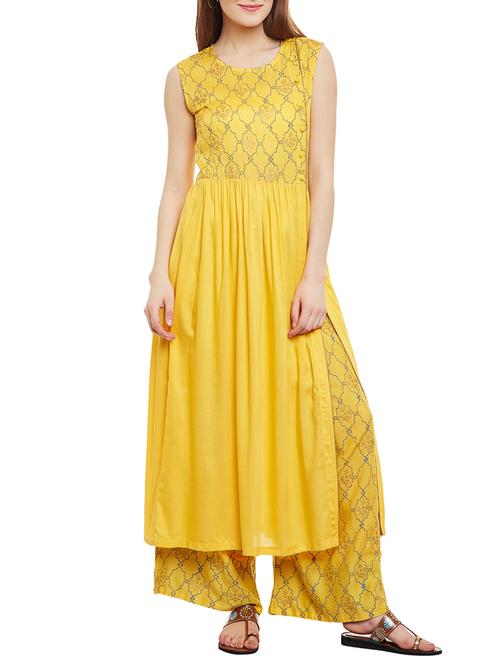 yellow viscose  high slit kurta - 13187336 - Very Small Image - 1