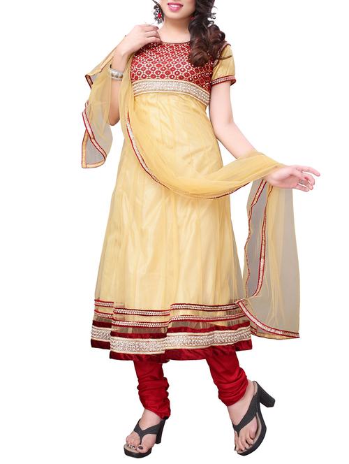 red and beige net embroidered semi stitched anarkali suit set - 1318951 - Very Small Image - 1