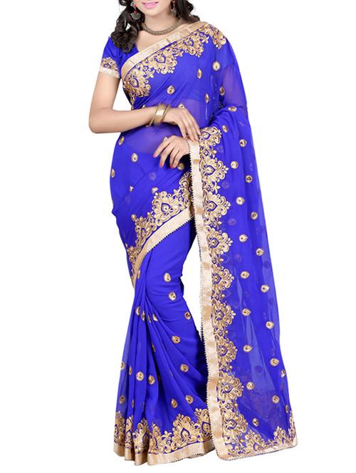 blue faux georgette embroidered saree with blouse - 13198608 - Very Small Image - 1