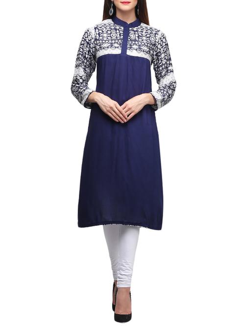 blue rayon printed a-line kurta - 13213680 - Very Small Image - 1