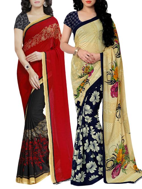 multi colored faux georgette printed combos saree with blouse - 13213788 - Very Small Image - 1