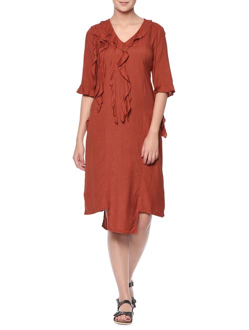 rusty red rayon assymetric dress - 13216494 - Very Small Image - 1