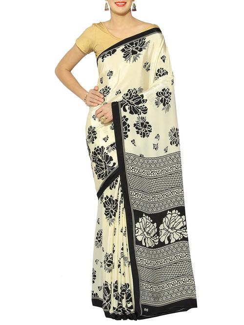 cream crepe printed saree with blouse - 13217187 - Very Small Image - 1