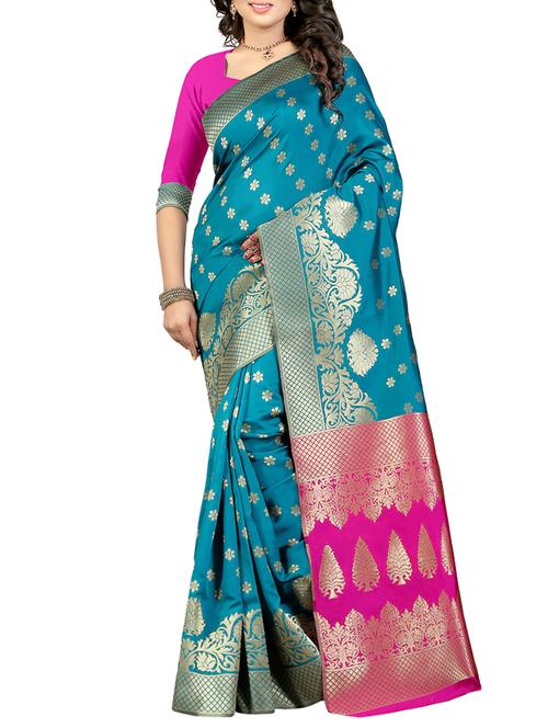 turquoise silk banarasi saree with blouse - 13228937 - Very Small Image - 1