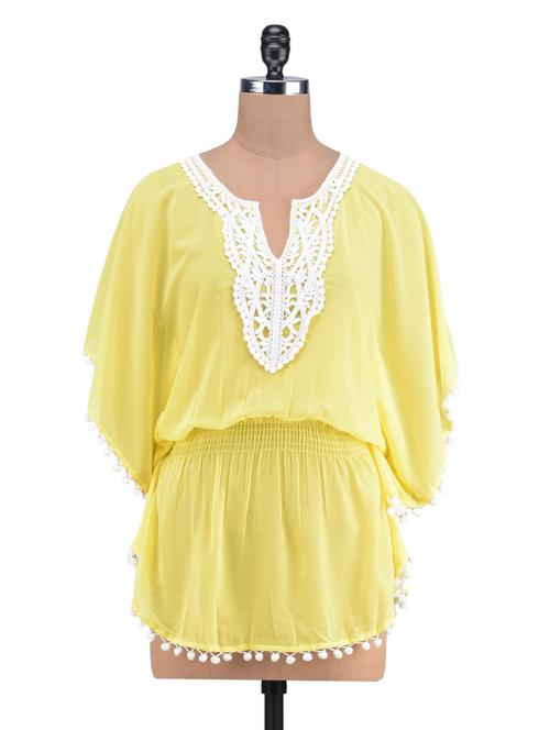 yellow georgette lace detailed kaftan - 1323056 - Very Small Image - 1