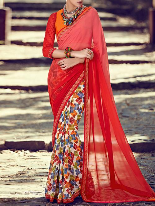 red georgette printed half and half saree with blouse - 13242021 - Very Small Image - 1