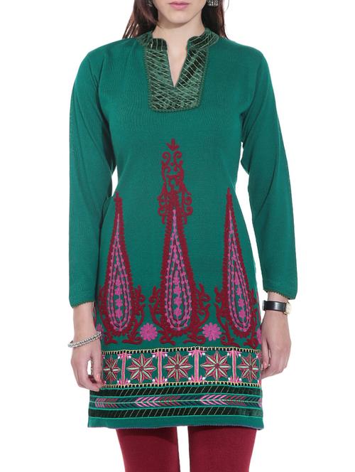 embroidered green woolen kurta with pockets - 1324327 - Very Small Image - 1