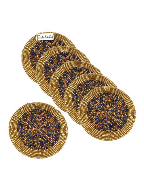 handmade blue & golden beaded coffee tea coasters - 13247991 - Very Small Image - 1